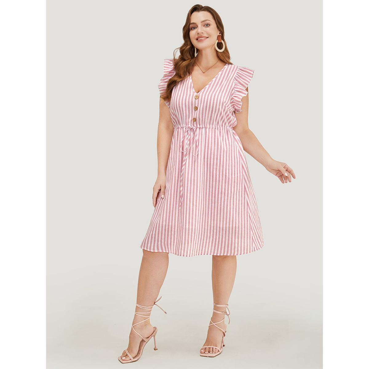 Plus Size Striped Print Button Detail Ruffle Trim Drawstring Dress Pink Women Vacation Drawstring V-neck Cap Sleeve Curvy Knee Dress BloomChic 26/4X Product Image