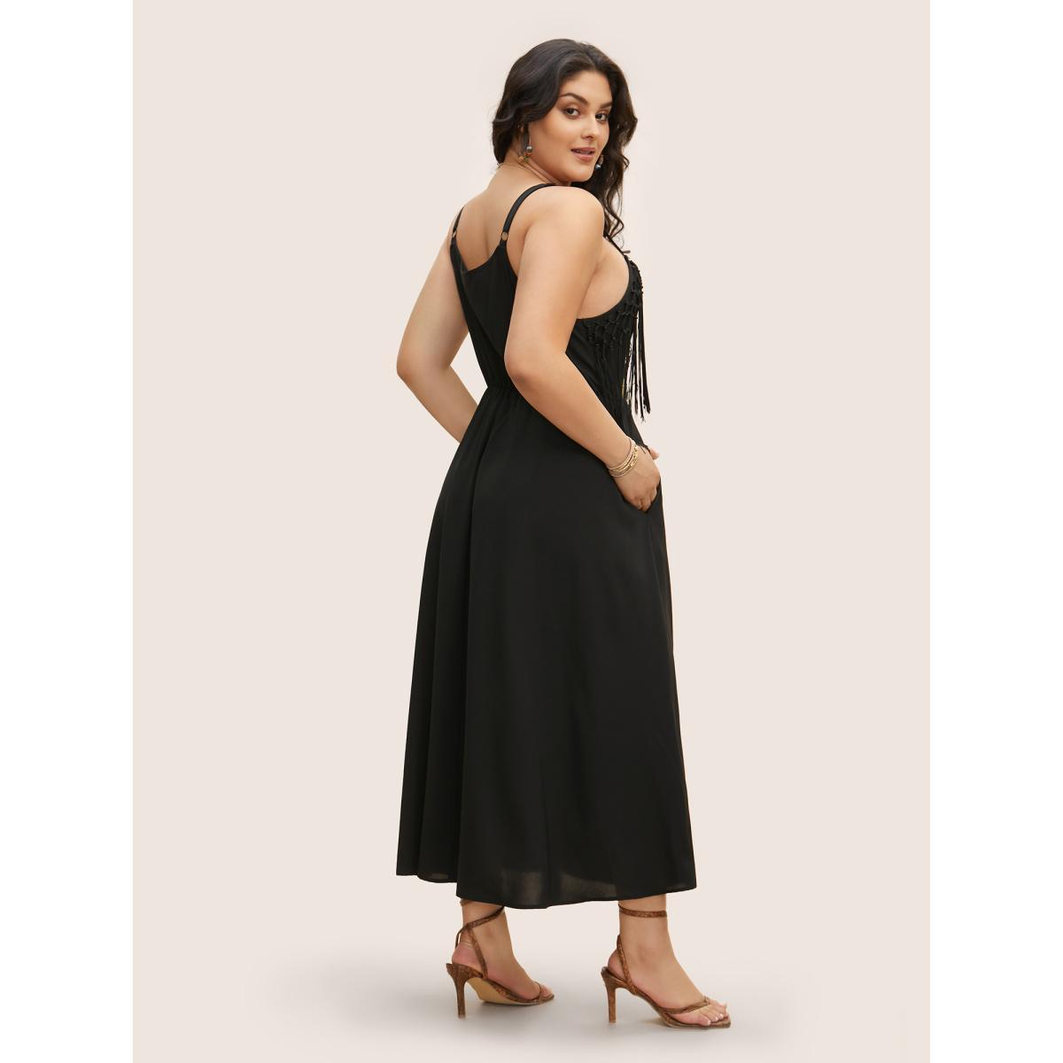 Plus Size Solid Tassel Trim Split Hem Cami Dress Black Women Resort Wraparound straps V-neck Sleeveless Curvy BloomChic 28/5X Product Image