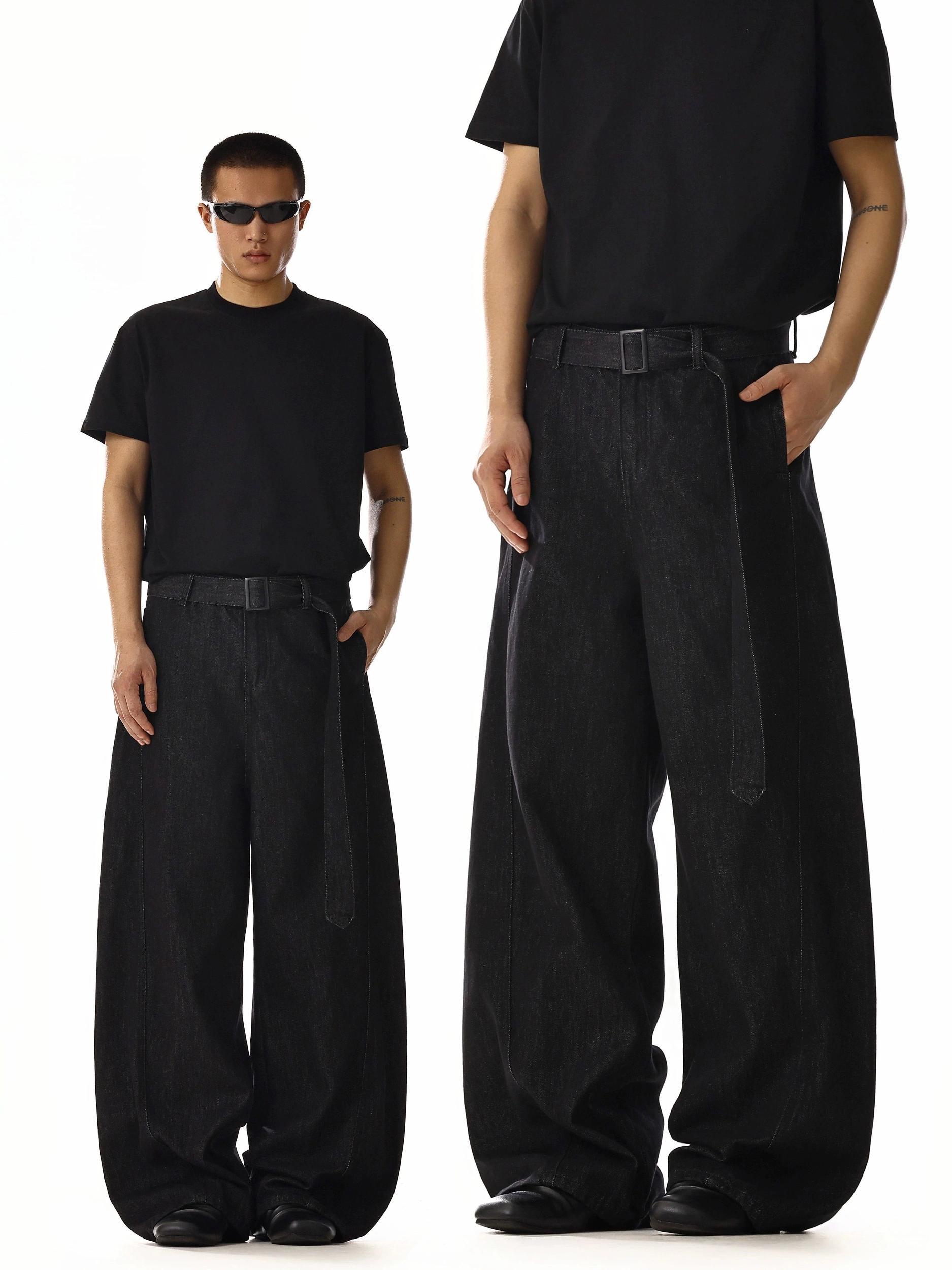 RT No. 18215 BLACK STRAIGHT BELT DENIM JEANS Product Image