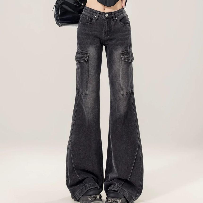 Low Waist Washed Flared Jeans Product Image