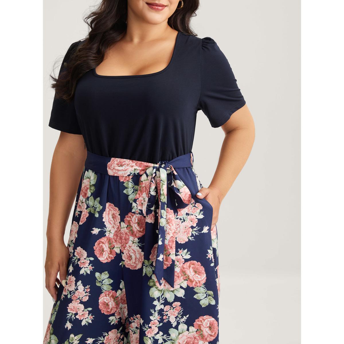 Plus Size Indigo Color Contrast Belted Panel Pockets Jumpsuit Women Elegant Short sleeve Square Neck Everyday-Elegant Loose Jumpsuits BloomChic 28/5X Product Image