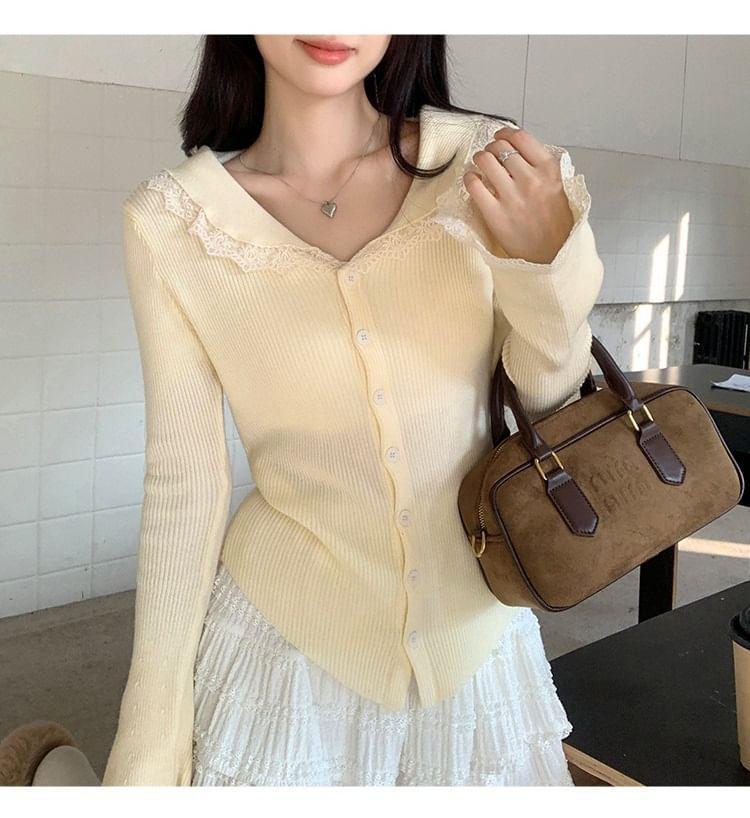 Peter Pan Collar Plain Lace Trim Button-Up Cardigan Product Image