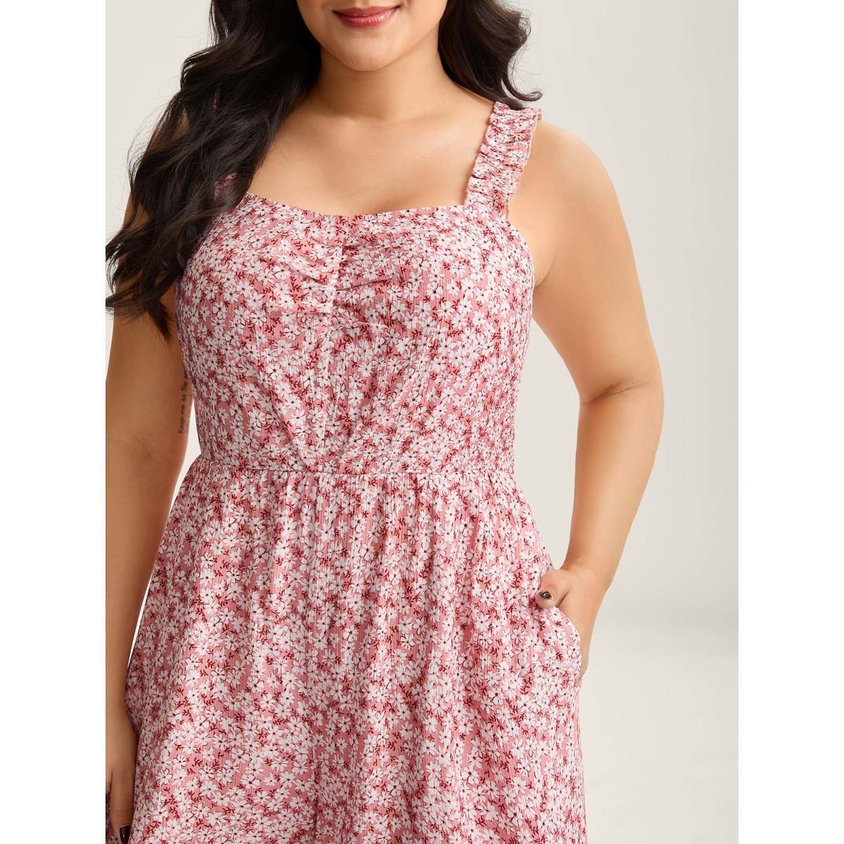Plus Size Blush Pleated Bodice Petal Trim Straps Jumpsuit Women Sleeveless Non Everyday-Casual Loose Jumpsuits BloomChic 10/M Product Image
