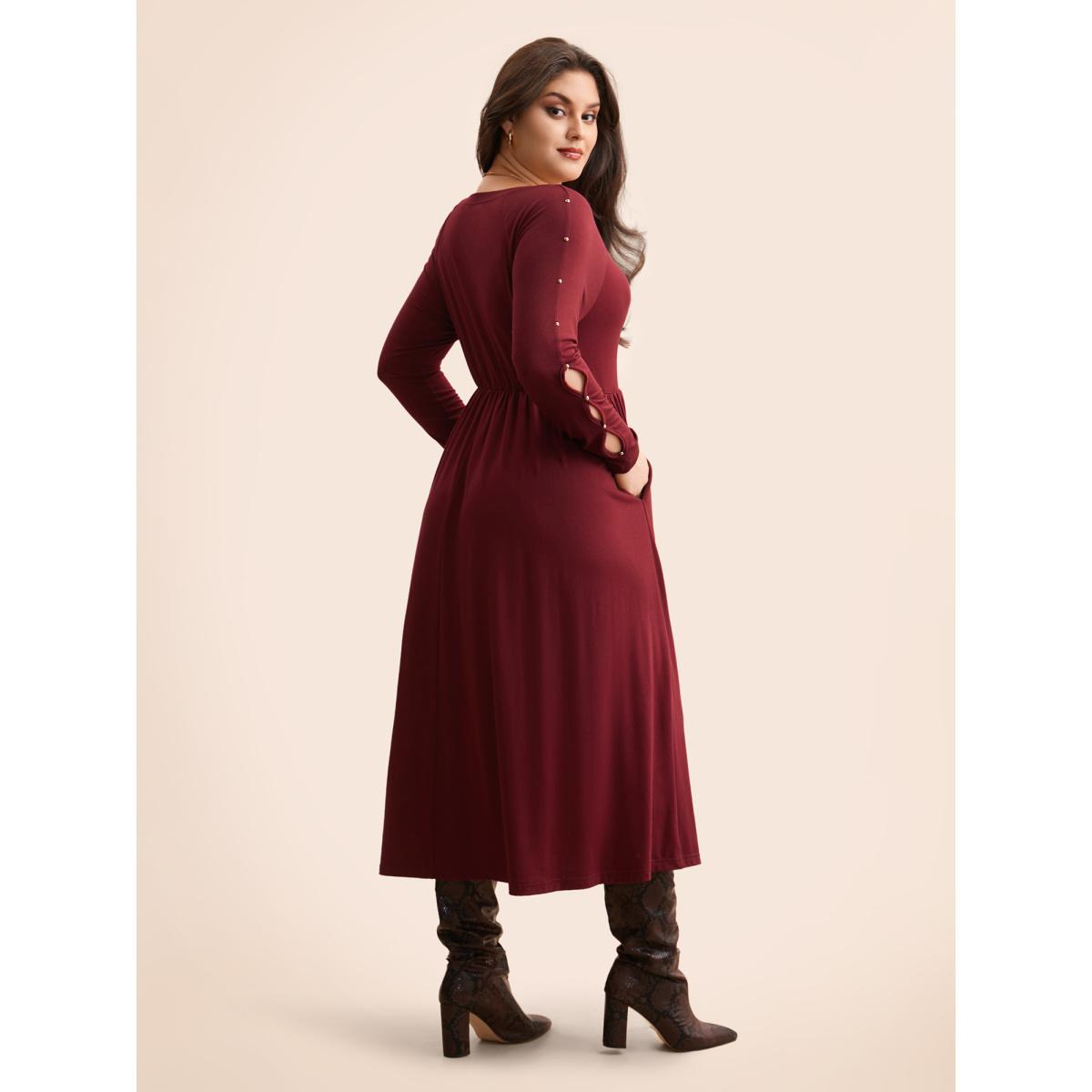 Plus Size Pearl Beaded Cut Out Midi Dress Burgundy Women Elegant Beaded Round Neck Long Sleeve Curvy BloomChic 18-20/2X Product Image