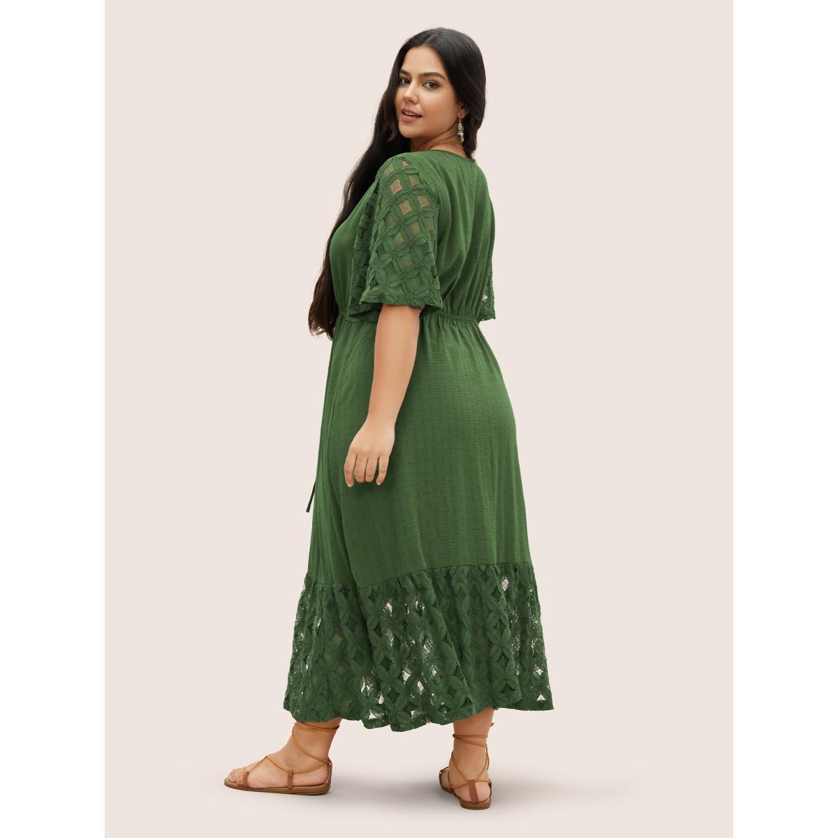 Plus Size Crochet Lace Mesh Button Detail Drawstring Dress Emerald Women Resort Tie knot V-neck Half Sleeve Curvy Midi Dress BloomChic 10/M Product Image
