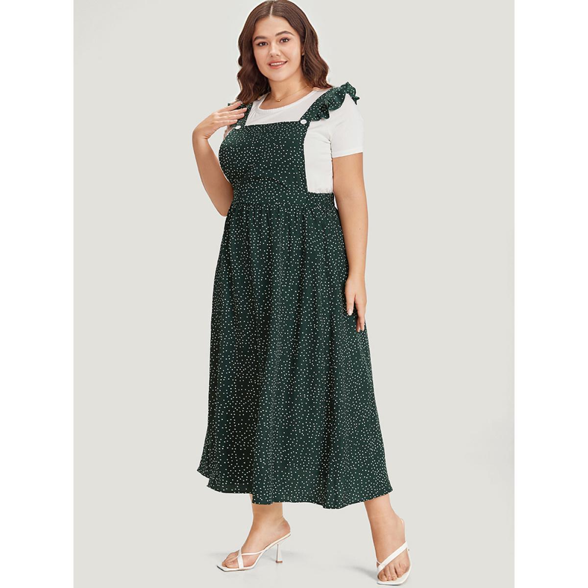 Plus Size Polka Dot Pocket Flutter Trim Overall Dress Green Women Casual Elastic Waist Spaghetti Strap Sleeveless Curvy Midi Dress BloomChic 10/M Product Image