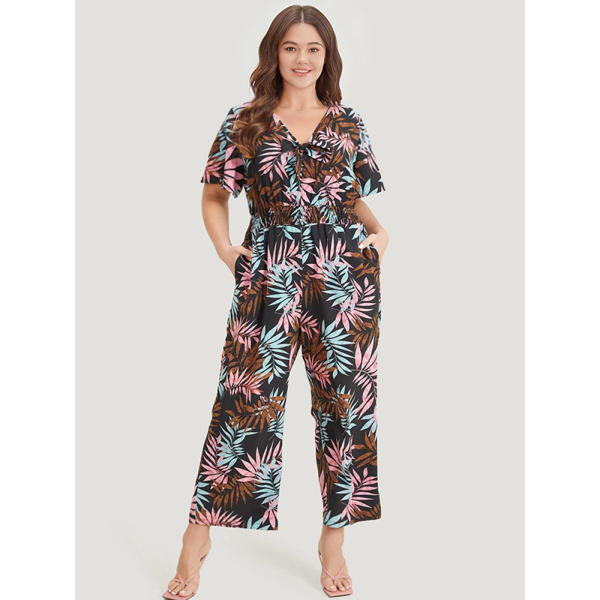 Plus Size Black Tropical Print Knot Neck Shirred Wrap Jumpsuit Women Elegant Short sleeve Tie Neck Dailywear Loose Jumpsuits BloomChic 30/6X Product Image