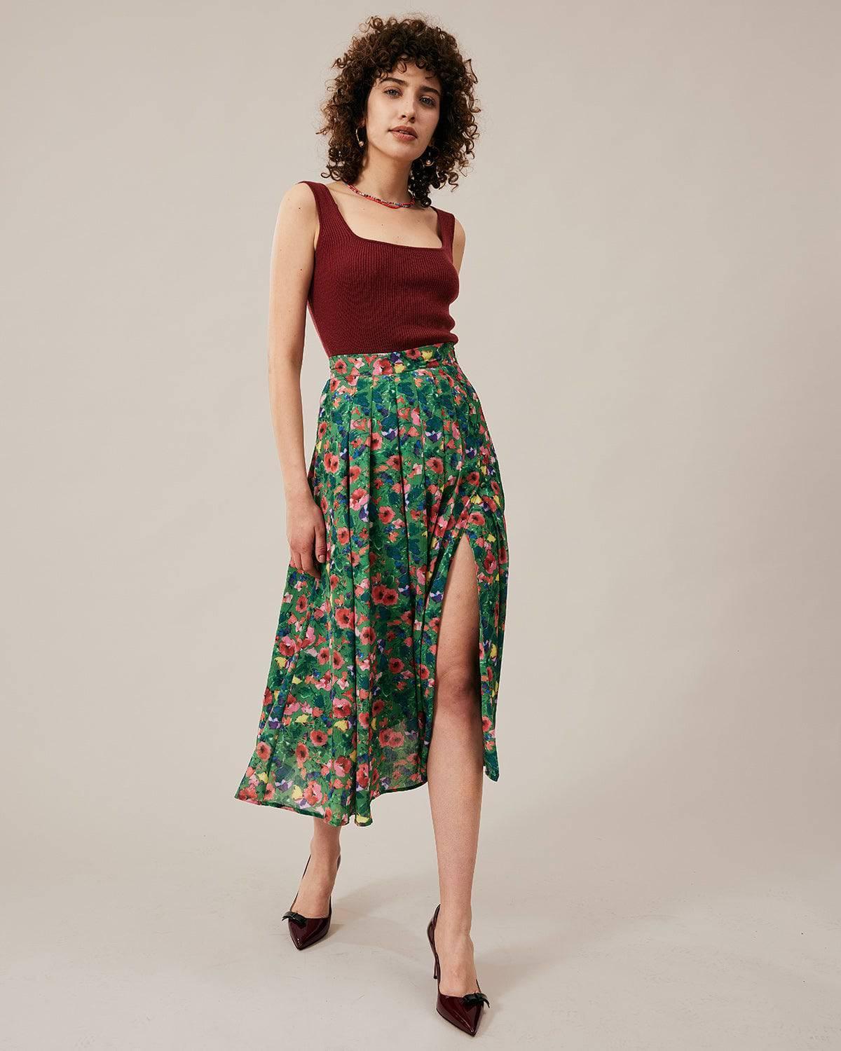 The Green Pleated Floral Skirt Female Product Image