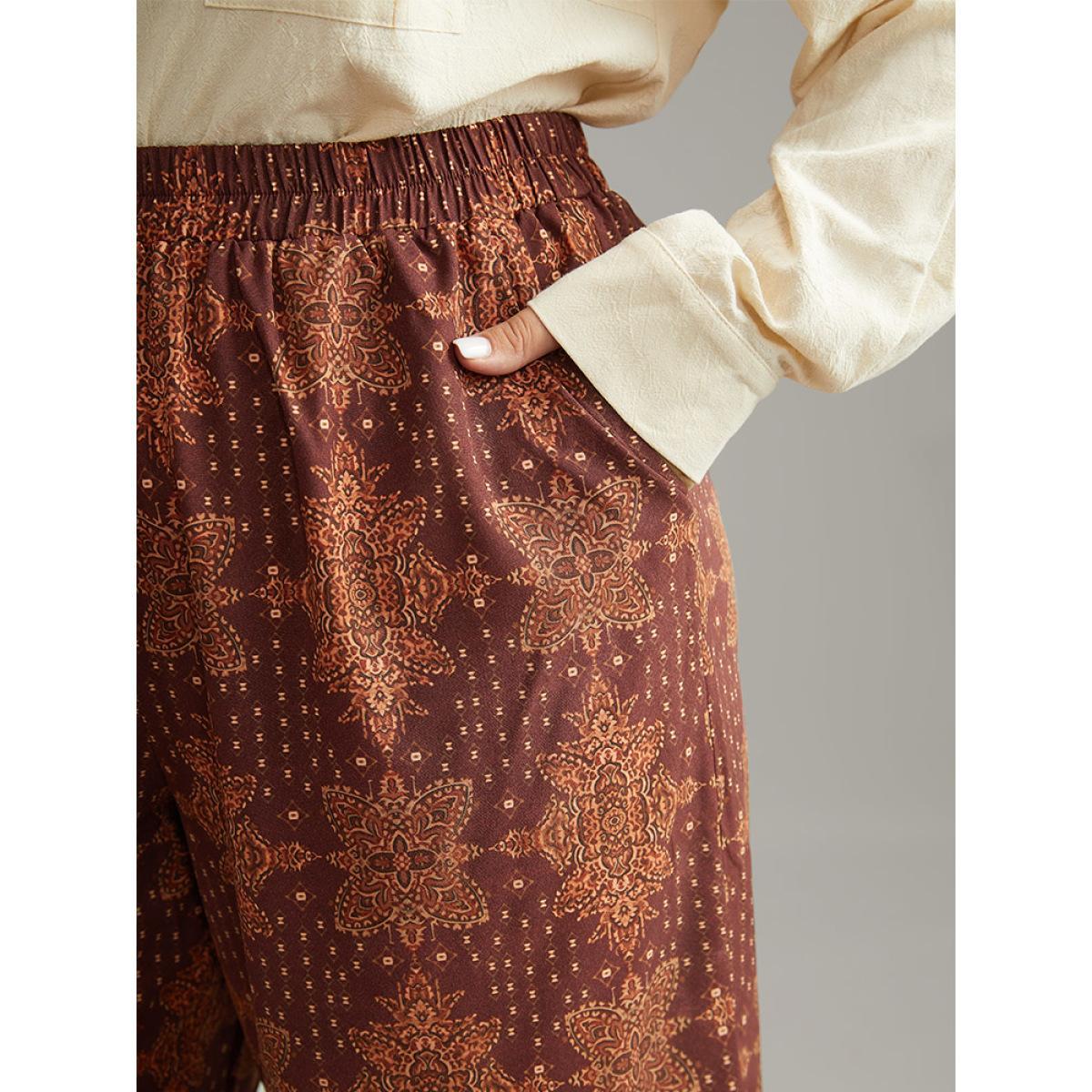 Plus Size Bandana Elastic Waist Wide Leg Ties Pants Women Maroon Vacation Wide Leg High Rise Dailywear Pants BloomChic 30/6X Product Image