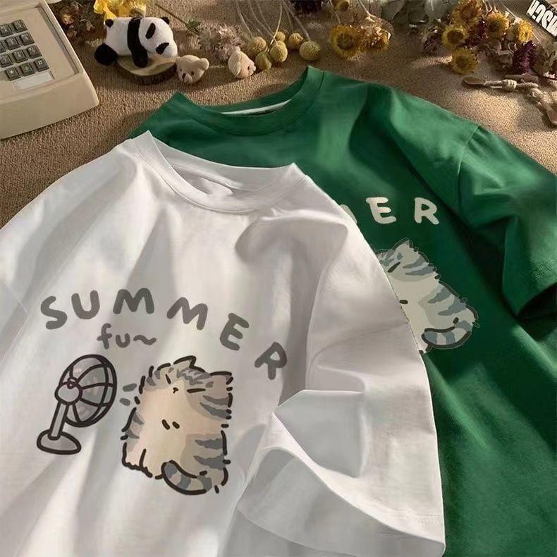 Short-Sleeve Cat Print Loose-Fit Tee Product Image