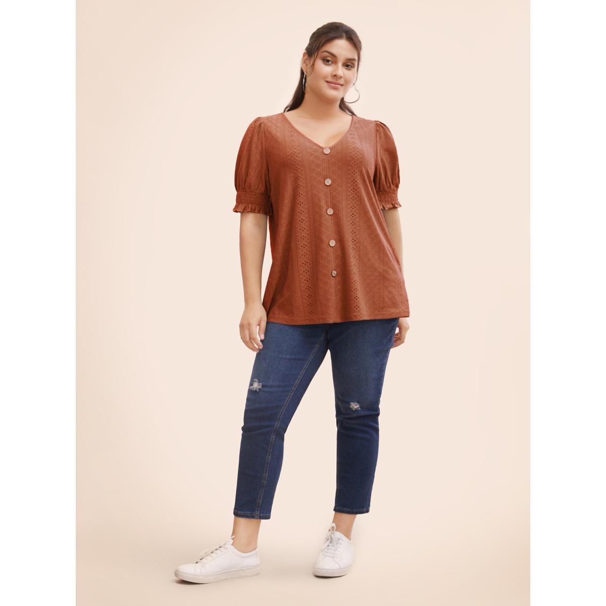 Plus Size Plain Broderie Anglaise Shirred Puff Sleeve Button Detail T-shirt Rust Women Casual Button Plain V-neck Everyday T-shirts BloomChic 10/M Product Image