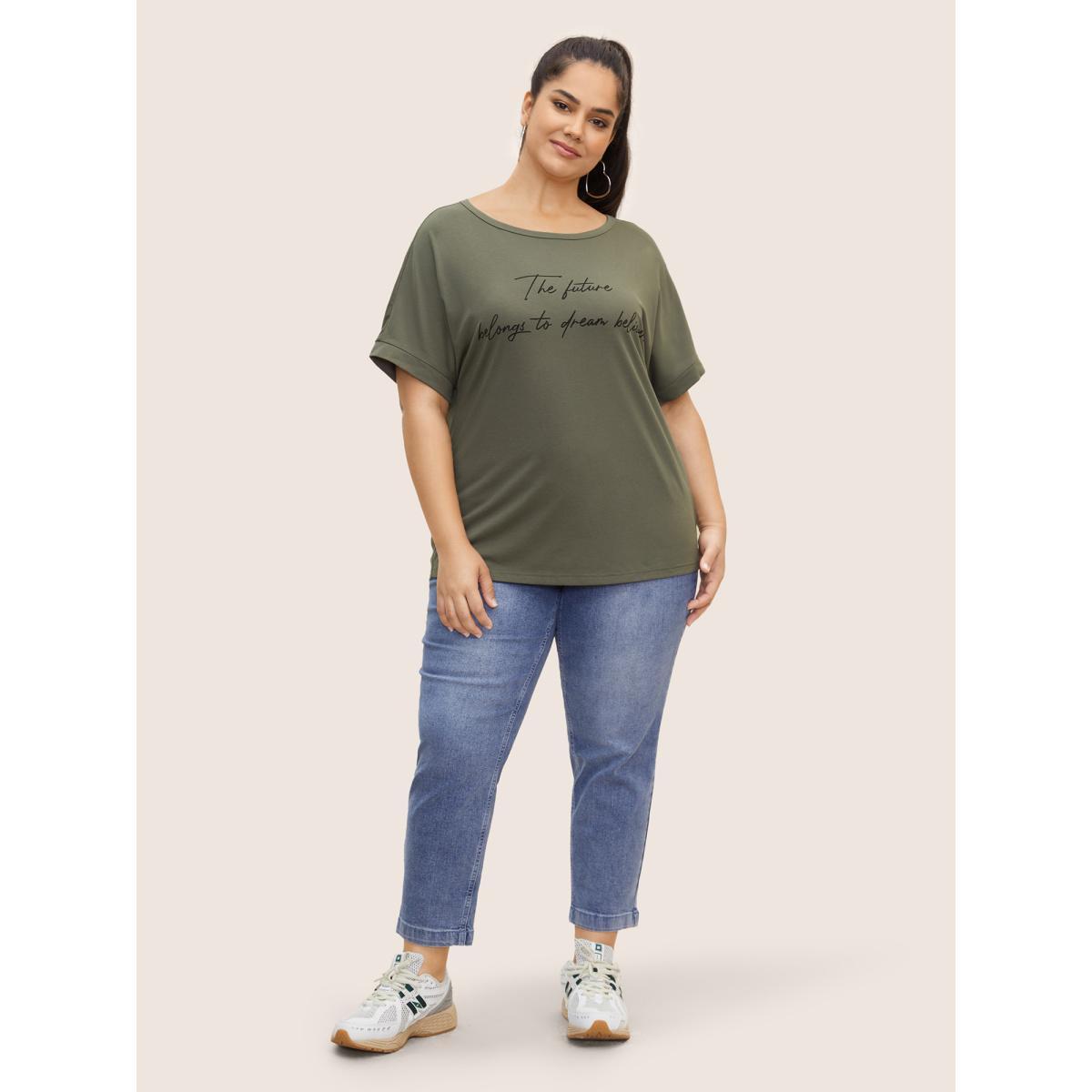 Plus Size Letter Print Dolman Sleeve Curved Hem T-shirt ArmyGreen Women Casual Contrast Round Neck Everyday T-shirts BloomChic 30/6X Product Image