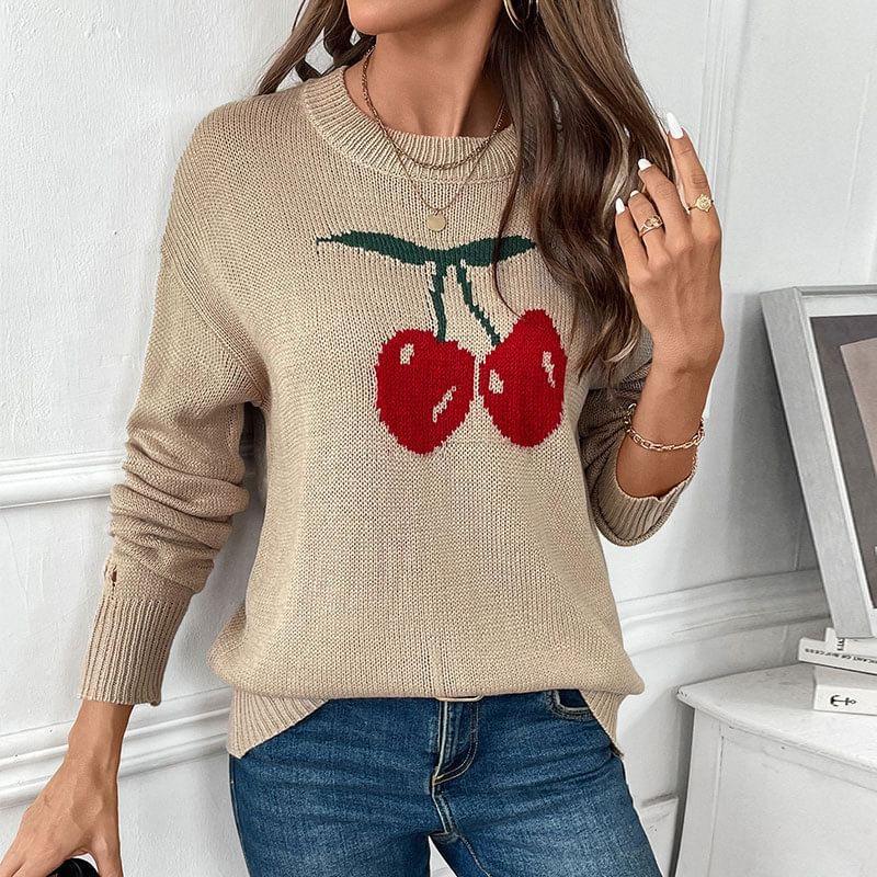 Drop Shoulder Round Neck Cherry Print Sweater Product Image