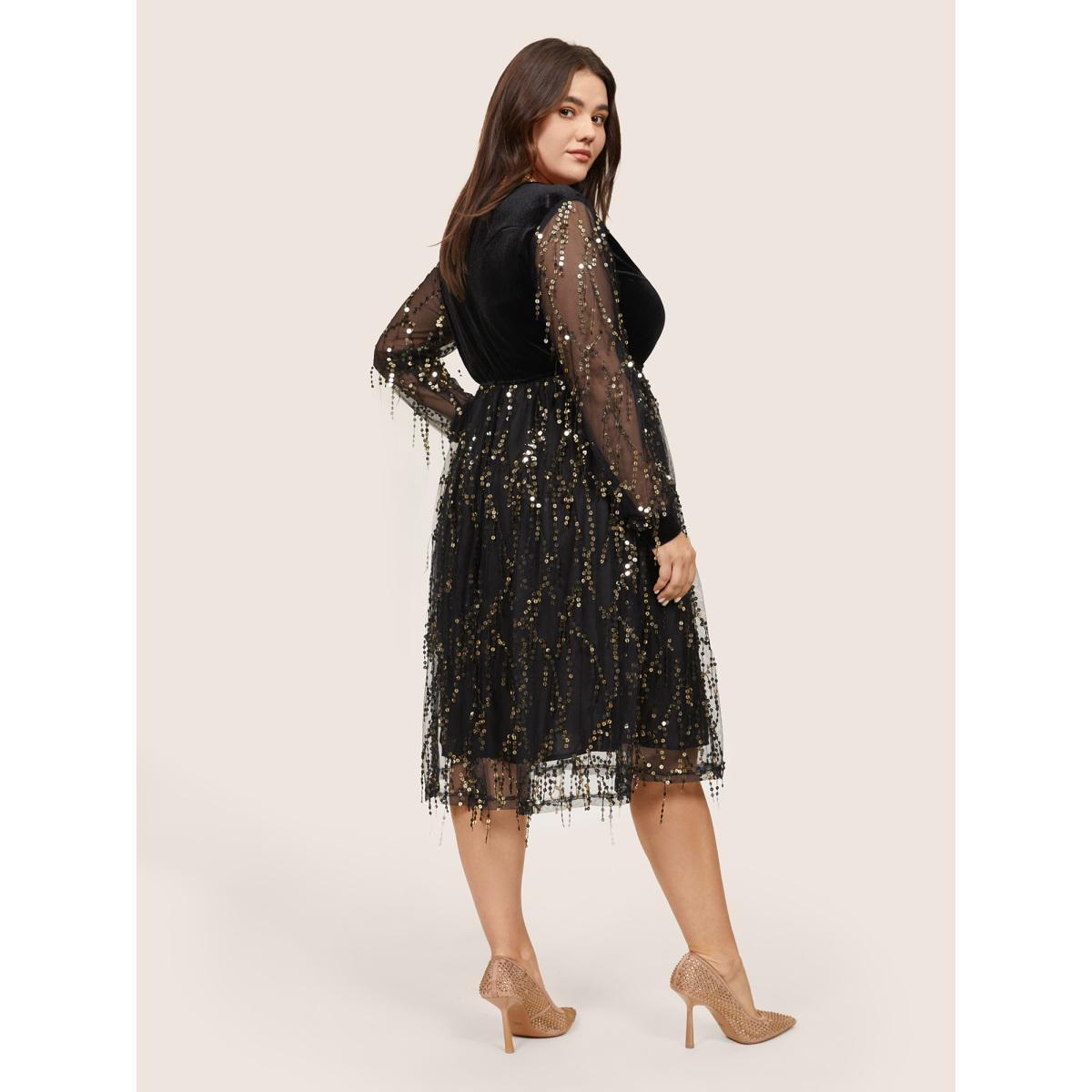 Plus Size Velvet Sequin Tassels Mesh Surplice Neck Dress Black Women Cocktail Sequin Overlap Collar Long Sleeve Curvy Midi Dress BloomChic 10/M Product Image