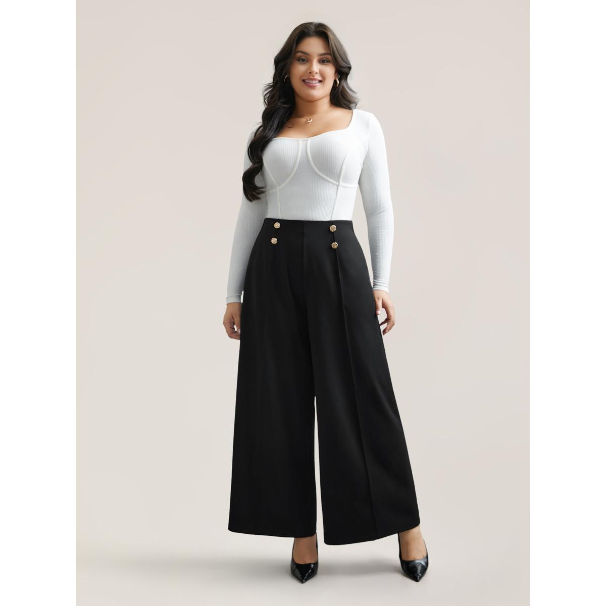 Plus Size No-Gap Waist Seamed Side Button Pants Women Black Workwear Essentials Wide Leg Mid Rise Work Pants BloomChic 28/5X Product Image