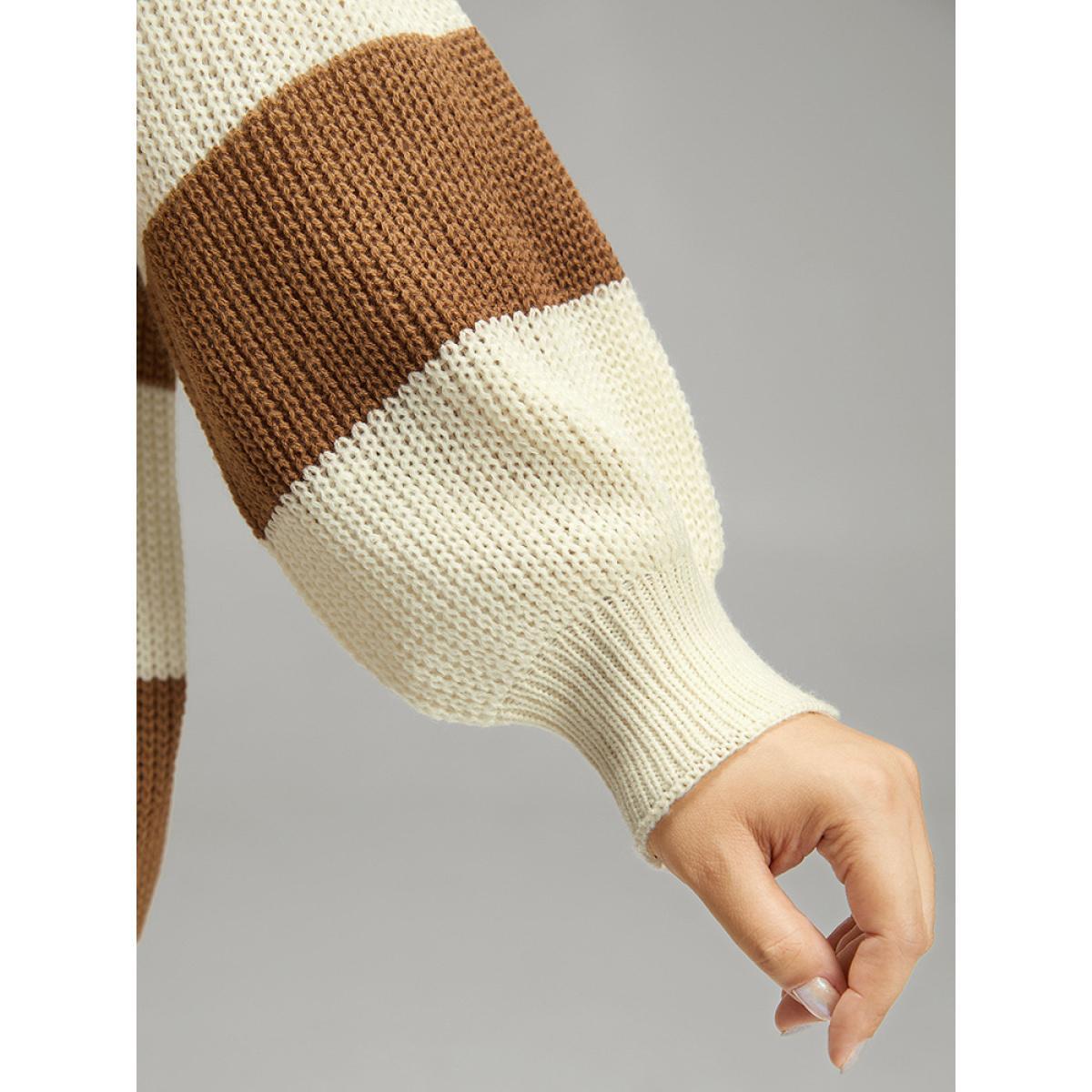 Plus Size Colorblock Lantern Sleeve Loose Pullover Bronze Women Casual Loose Long Sleeve V-neck Dailywear Pullovers BloomChic 18-20/2X Product Image