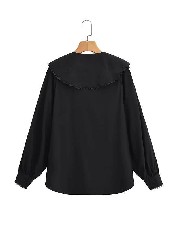 Loose Puff Sleeves Pleated See-Through Solid Color Split-Joint Peter Pan Collar Blouses&Shirts Tops Product Image