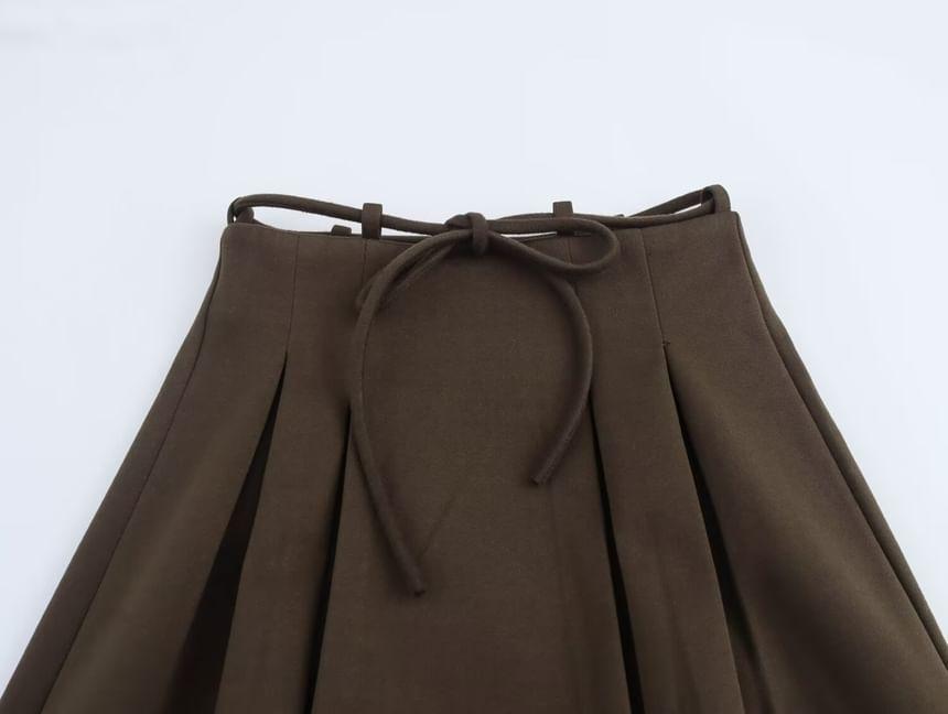 Drawstring Waist Plain Midi A-Line Skirt Product Image