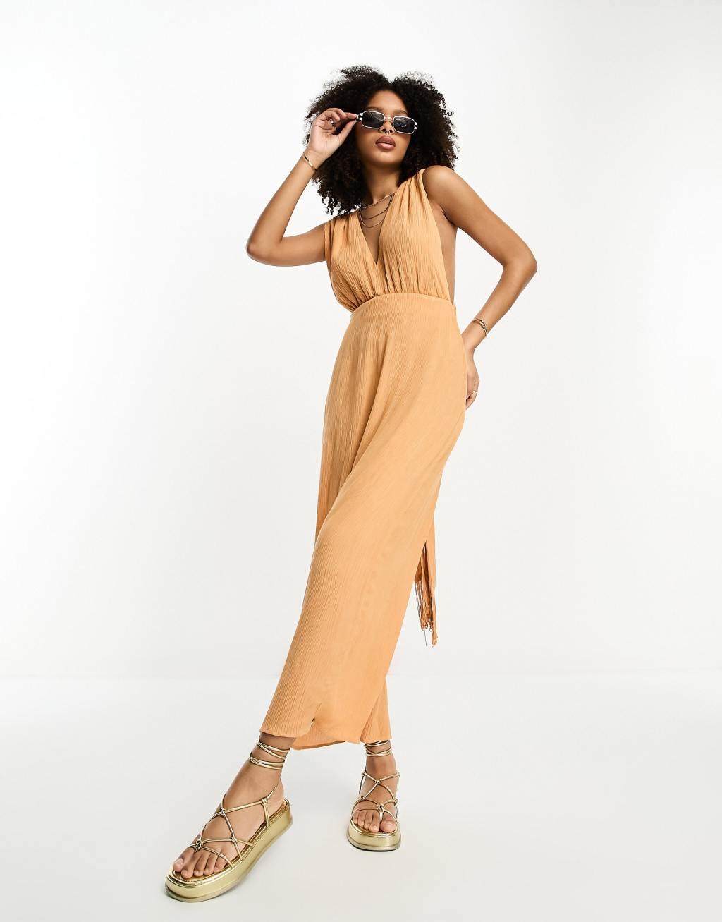 ASOS DESIGN crinkle plunge midi sundress with wrap waist detail and fringe tie Product Image