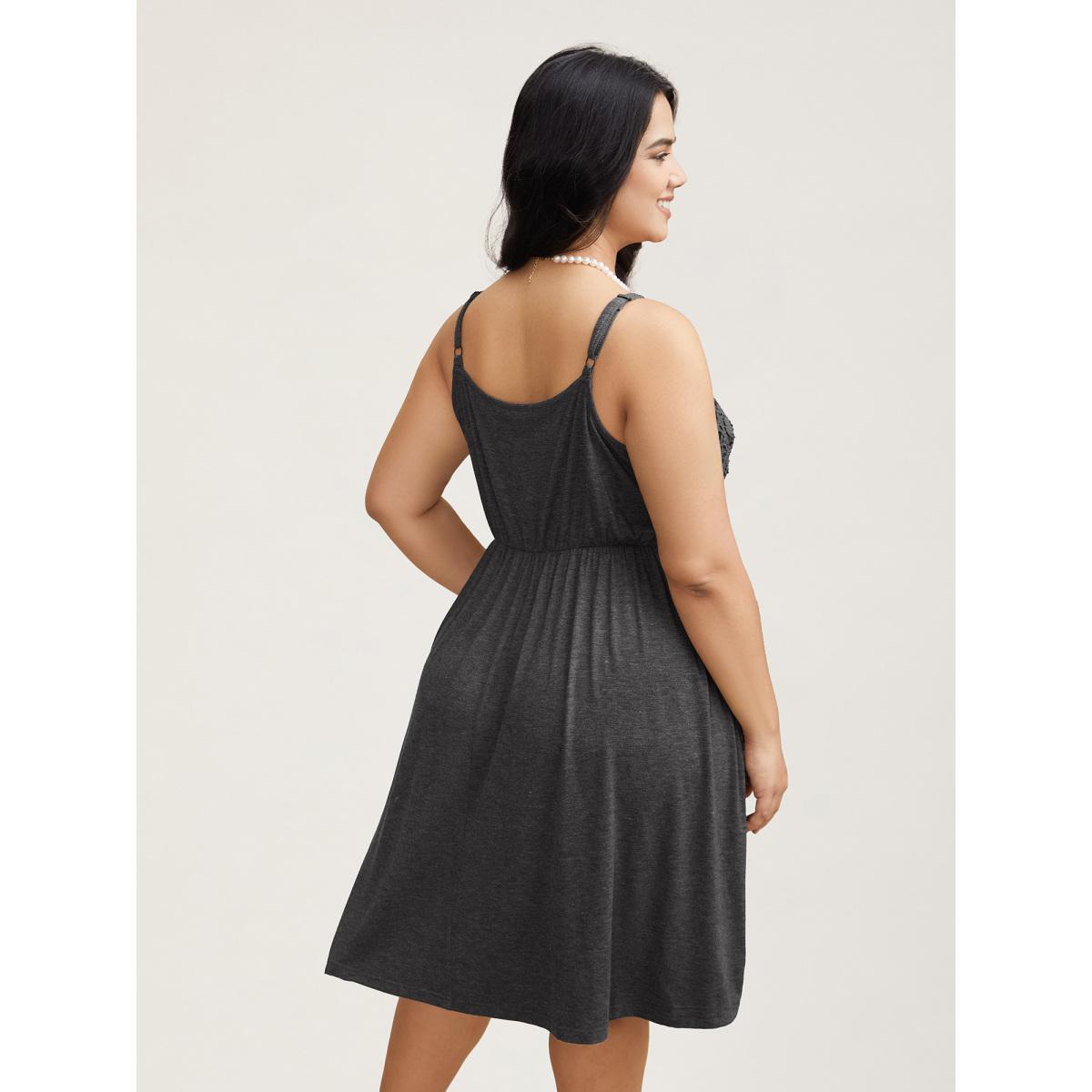 Plus Size Lace Waist-Cinched Pockets Midi Dress DarkGray Women Elegant Woven ribbon&lace trim Square Neck Sleeveless Curvy BloomChic 18-20/2X Product Image