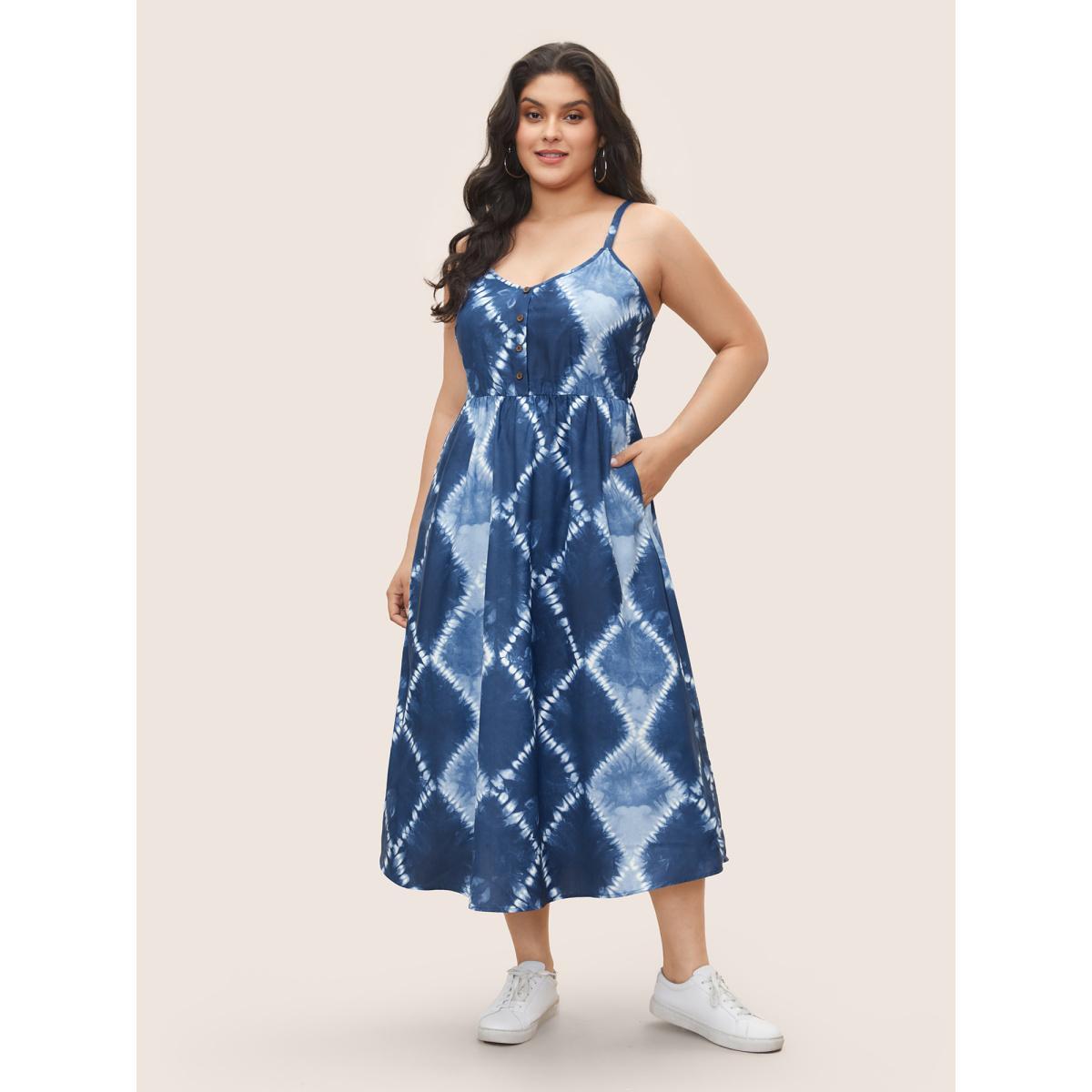 Plus Size Tie Dye Button Detail Cami Dress DarkBlue Women Casual Non Sleeveless Curvy Midi Dress BloomChic 14-16/1X Product Image