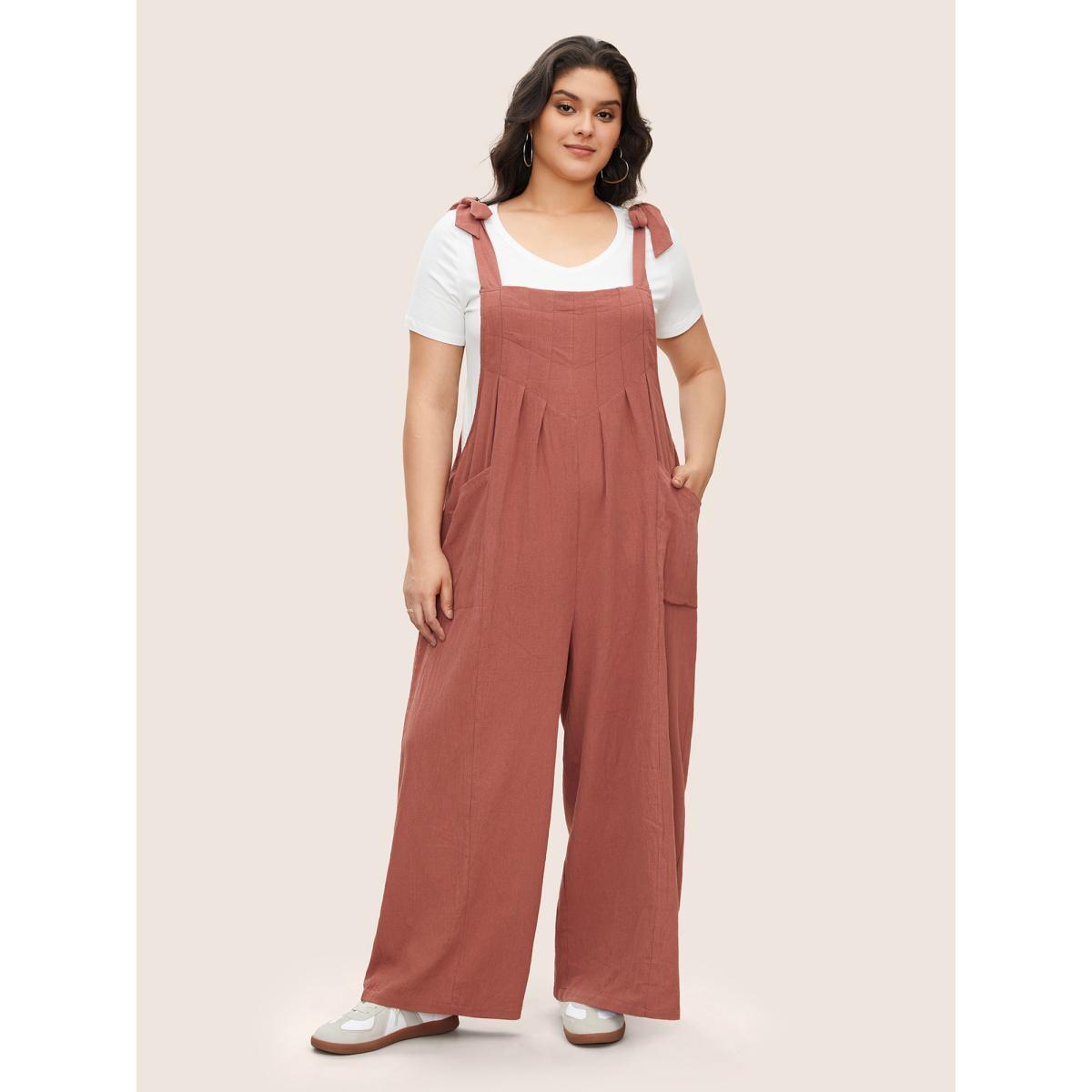 Plus Size DustyPink Solid Pleated Detail Pocket Knotted Shoulder Overall Jumpsuit Women Casual Sleeveless Non Everyday Loose Jumpsuits BloomChic 26/4X Product Image