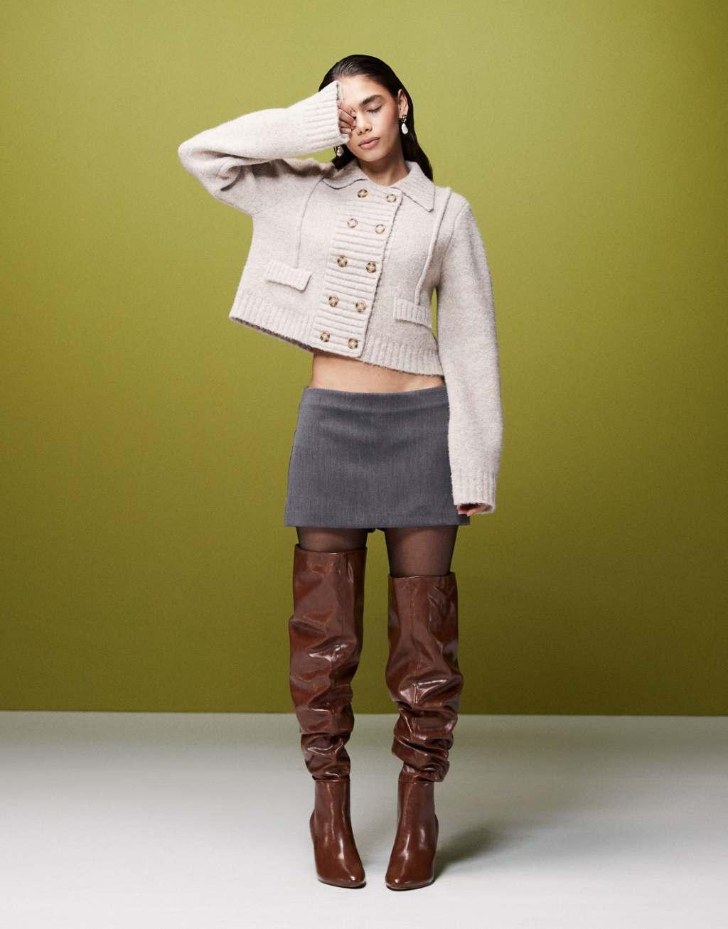 ASOS DESIGN knitted cardigan with collar and pocket detail in stone Product Image