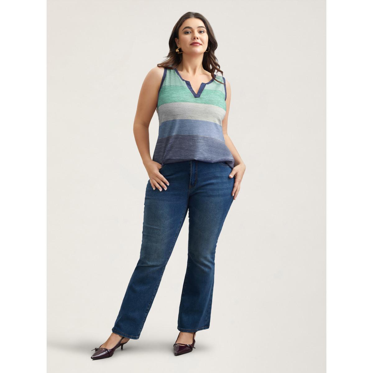 Plus Size Multi-Color Stripes Off-Sleeves Vest Women Indigo Elegant Contrast Notched collar Everyday Tank Tops Camis BloomChic 28/5X Product Image