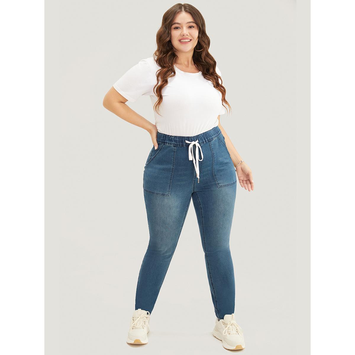 Plus Size Slightly Stretchy High Rise Dark Wash Drawstring Jeans Women DarkBlue Casual Plain Pocket Low stretch Pocket Jeans BloomChic 14/1X Product Image