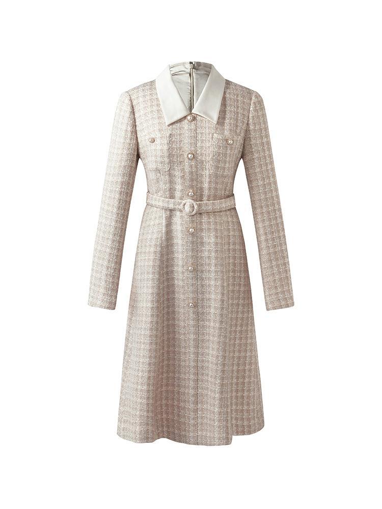 Wool Blend Tweed Patchwork Lapel Women Midi Dress With Belt Product Image