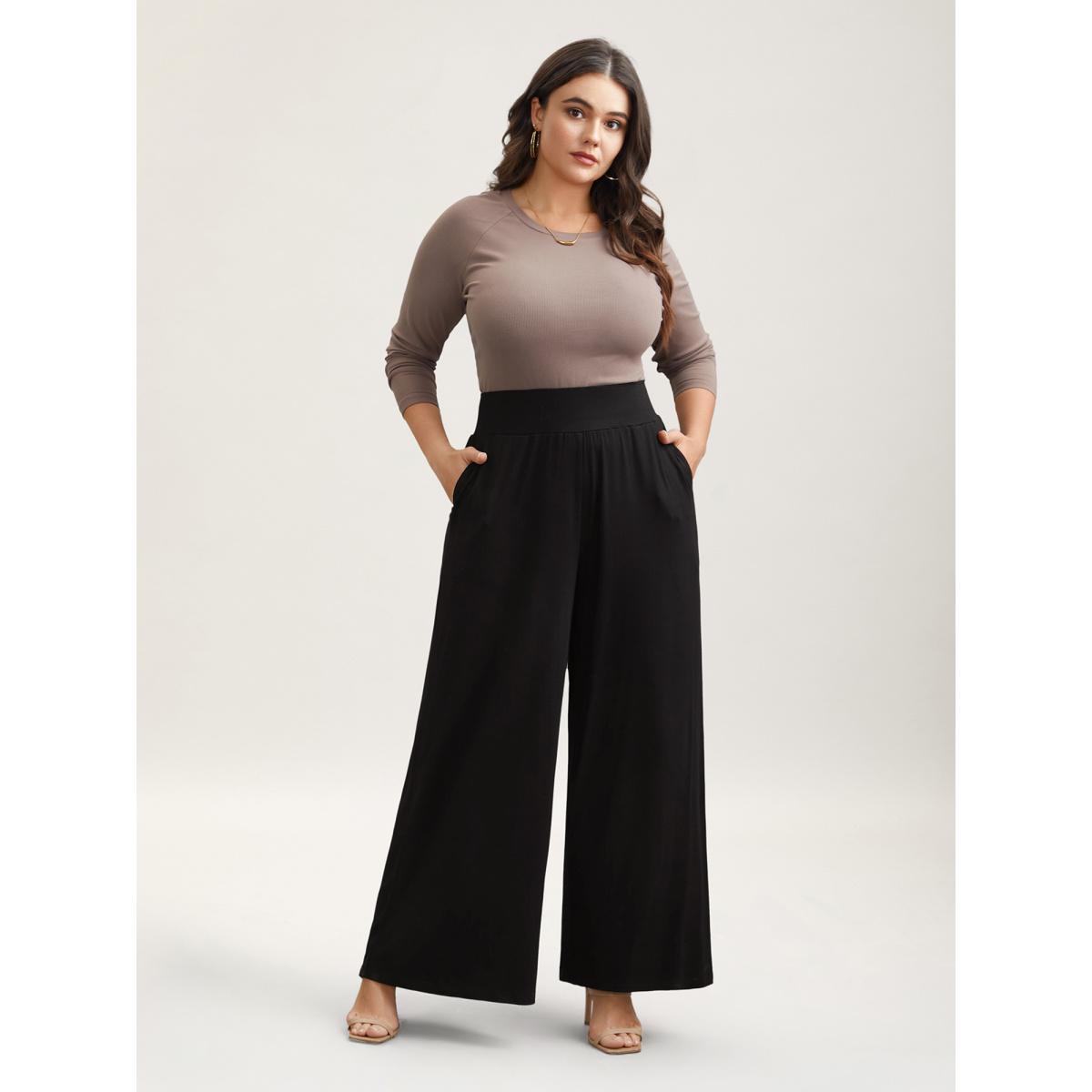Plus Size Stretchy Waist Straight-Leg Pants Women Black Casual Wide Leg Mid Rise Everyday Pants BloomChic 28/5X Product Image