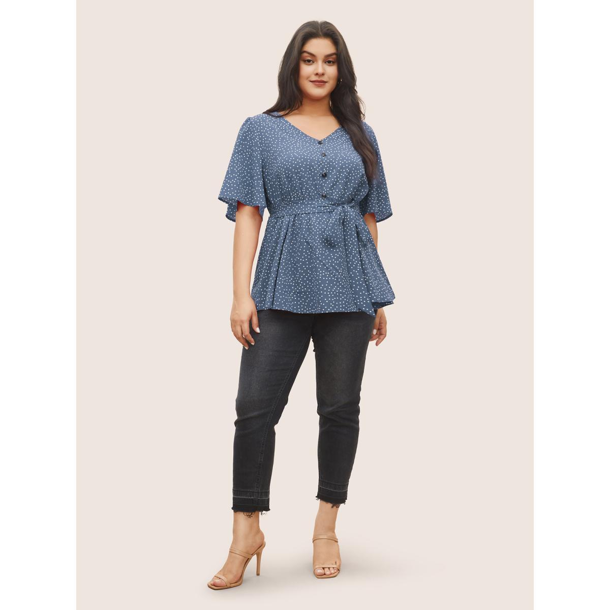 Plus Size Stone Polka Dot Ties Button Detail Blouse Women Elegant Short sleeve V-neck Everyday Blouses BloomChic 22-24/3X Product Image
