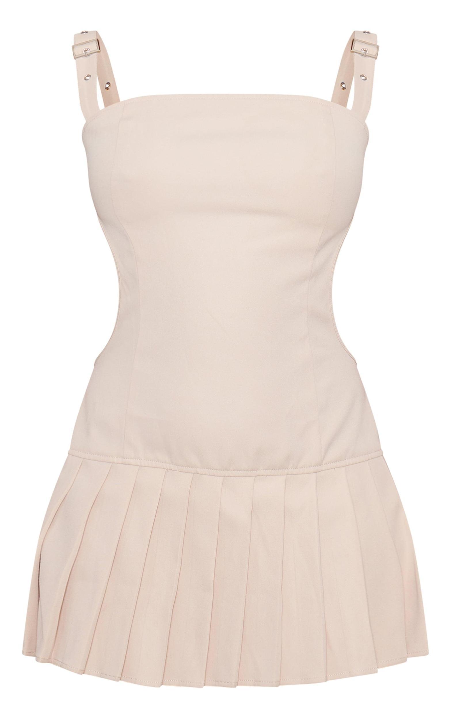 Petite Stone Strappy Cut Out Back Pleated Mini Dress Product Image