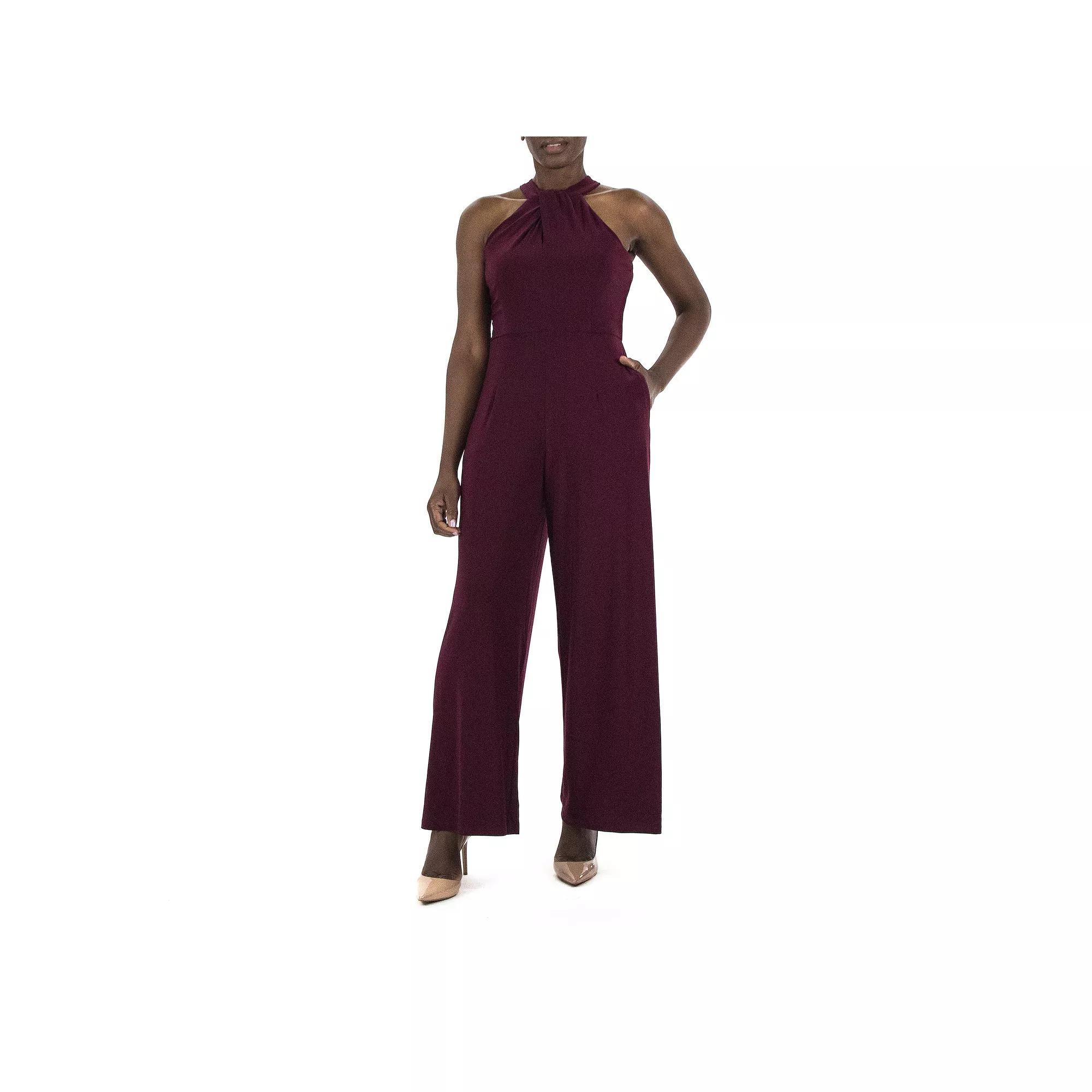 Women's Nina Leonard Wide-Leg Halter Jumpsuit, Size: Large, Red Product Image