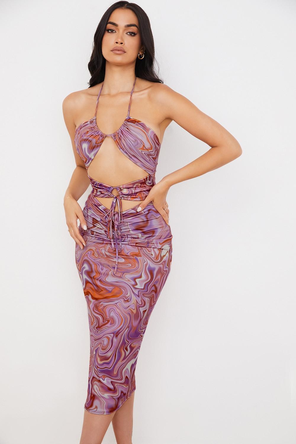 Kasia Purple Swirl Cutout Midi Dress Product Image