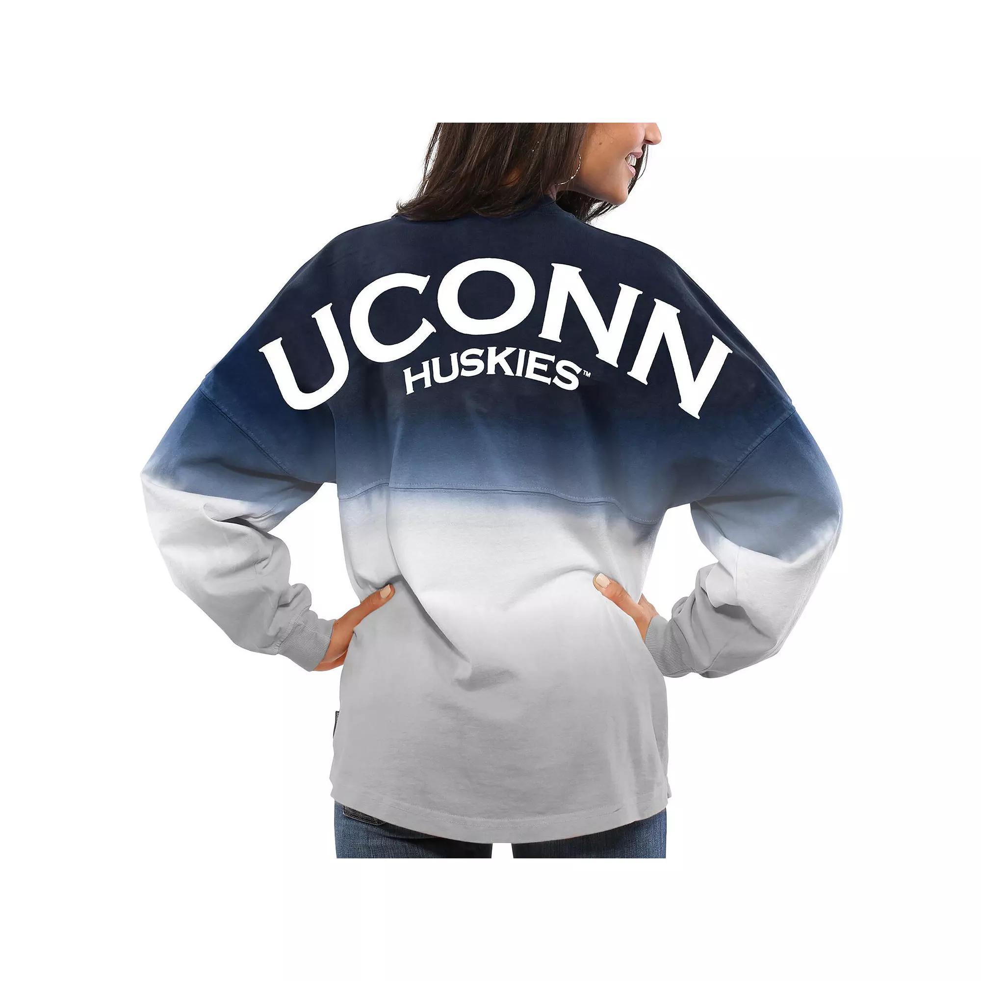 Women's Navy UConn Huskies Ombre Long Sleeve Dip-Dyed Spirit Jersey, Size: XL, Blue Product Image