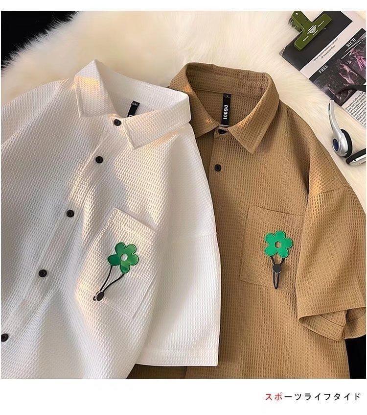 Elbow-Sleeve Floral Applique Waffle Button-Up Shirt Product Image