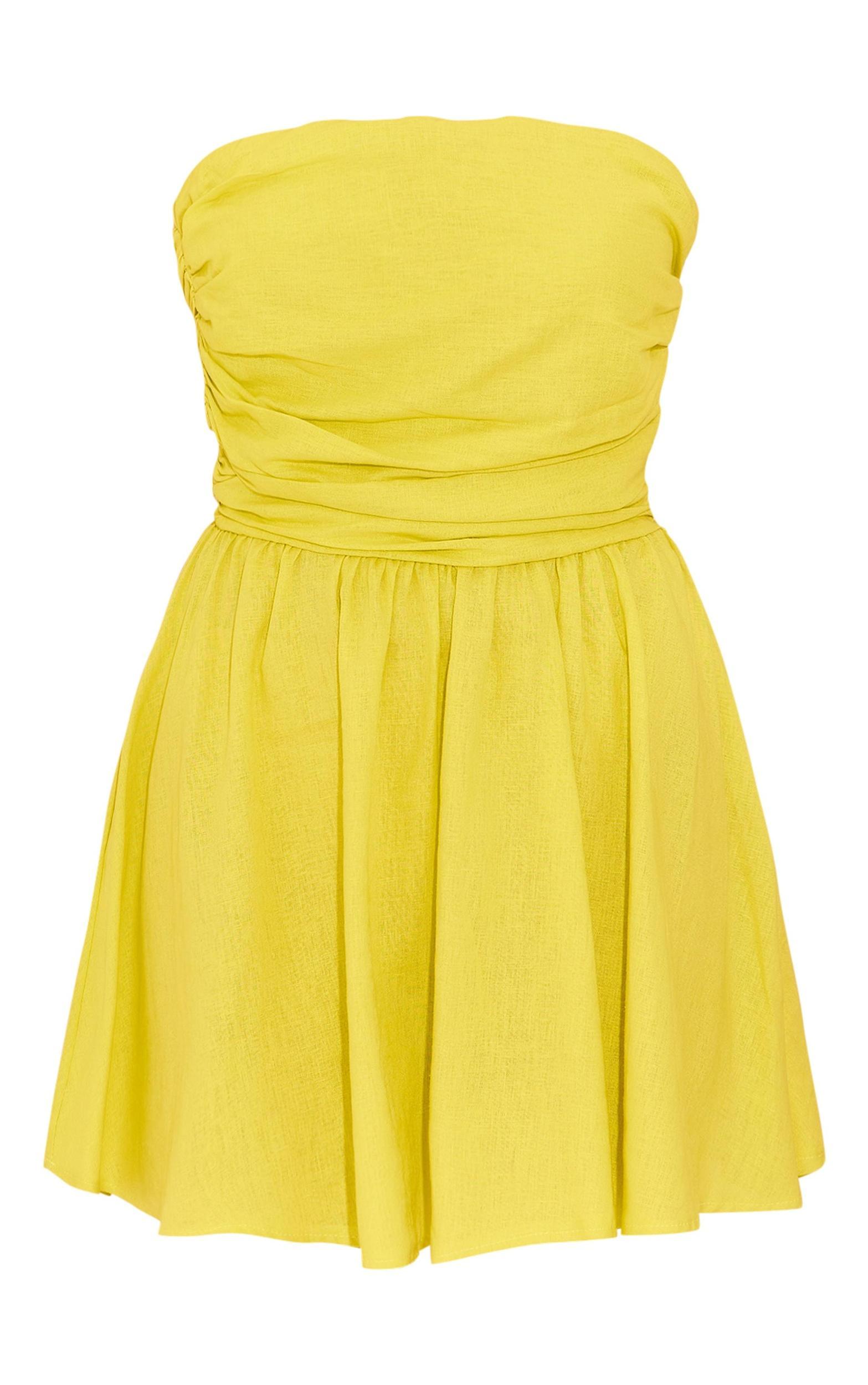 Chartreuse Linen Look Pleated Shift Dress Product Image