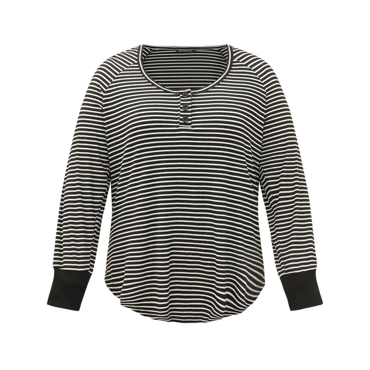 Plus Size Striped Button Up Curved Hem Patchwork T-shirt Black Women Casual Elastic cuffs Striped Open Front Dailywear T-shirts BloomChic 26/4X Product Image