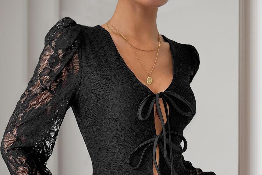 Puff-Sleeve Bow Lace Bodysuit Top  Product Image
