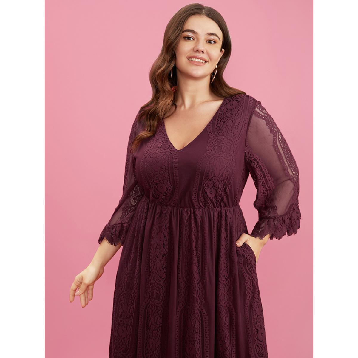 Plus Size Floral V Neck Pocket Contrast Lace Mesh Ruffles Dress Scarlet Women Glamour See through V-neck Elbow-length sleeve Curvy Midi Dress BloomChic 26/4X Product Image