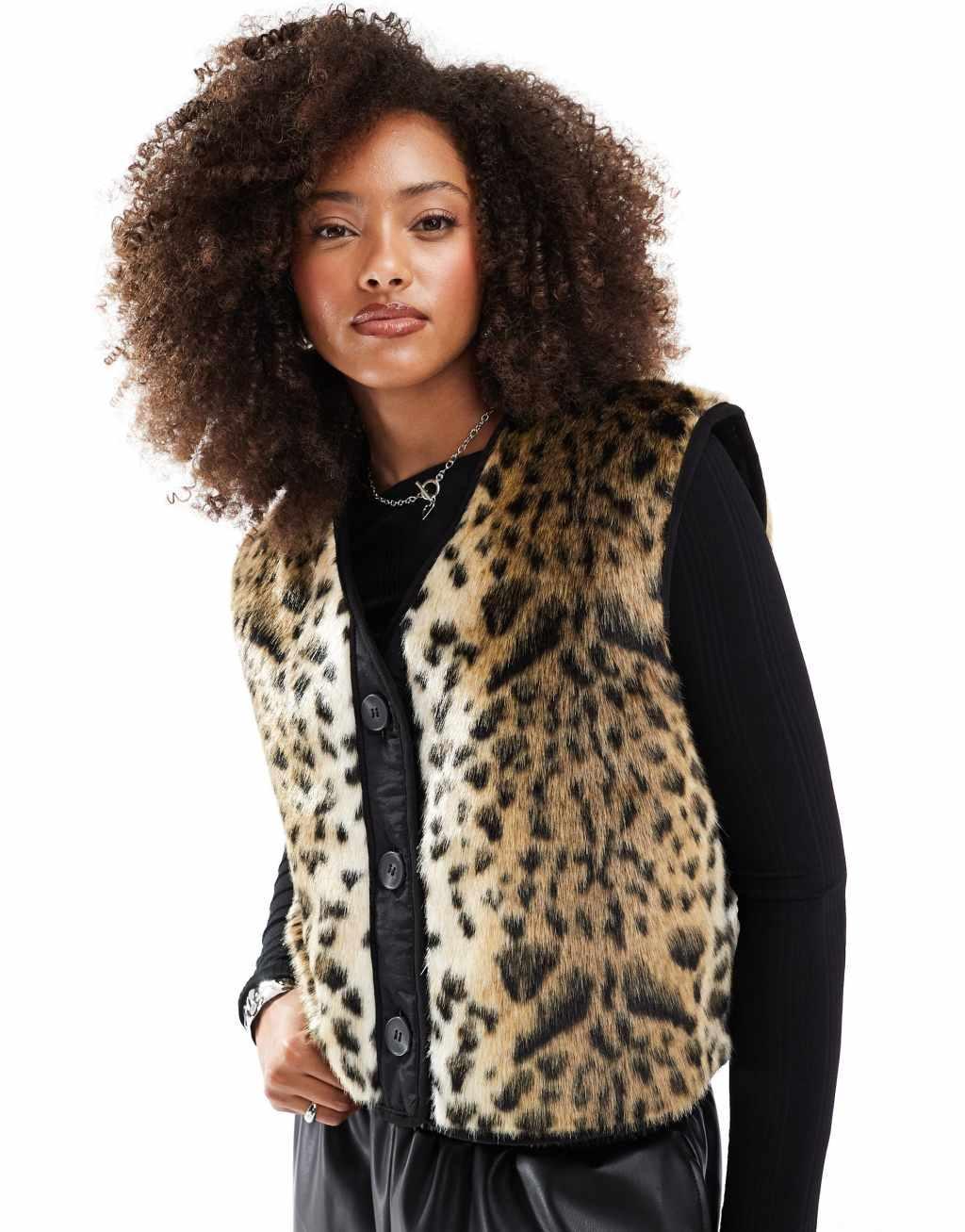 ASOS DESIGN faux fur vest in leopard print Product Image