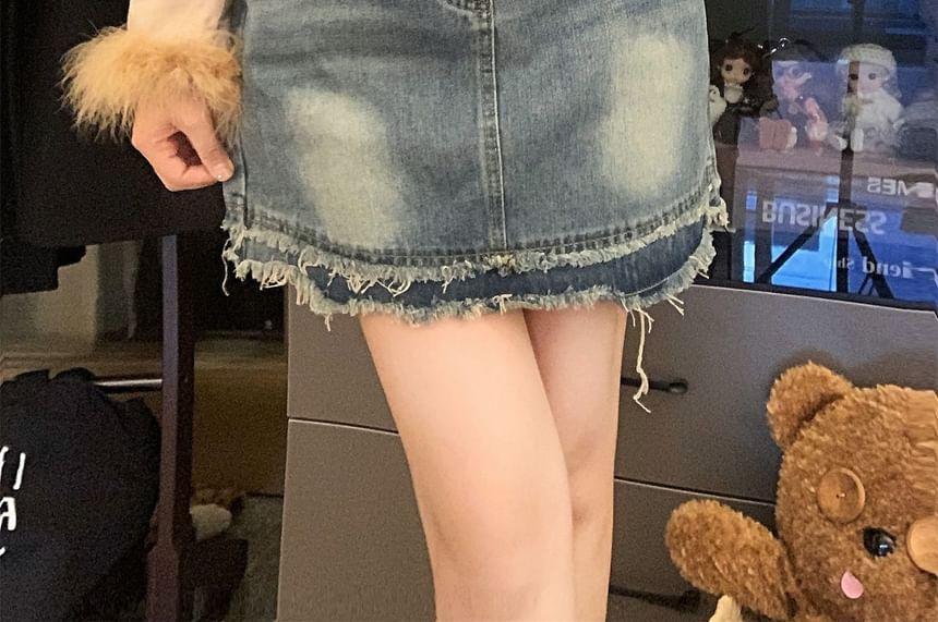 High Waist Washed Fringed Trim Denim Mini Pencil Skirt Product Image