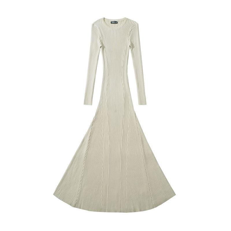 Long Sleeve Round Neck Plain Ribbed Knit A-Line Maxi Dress Product Image