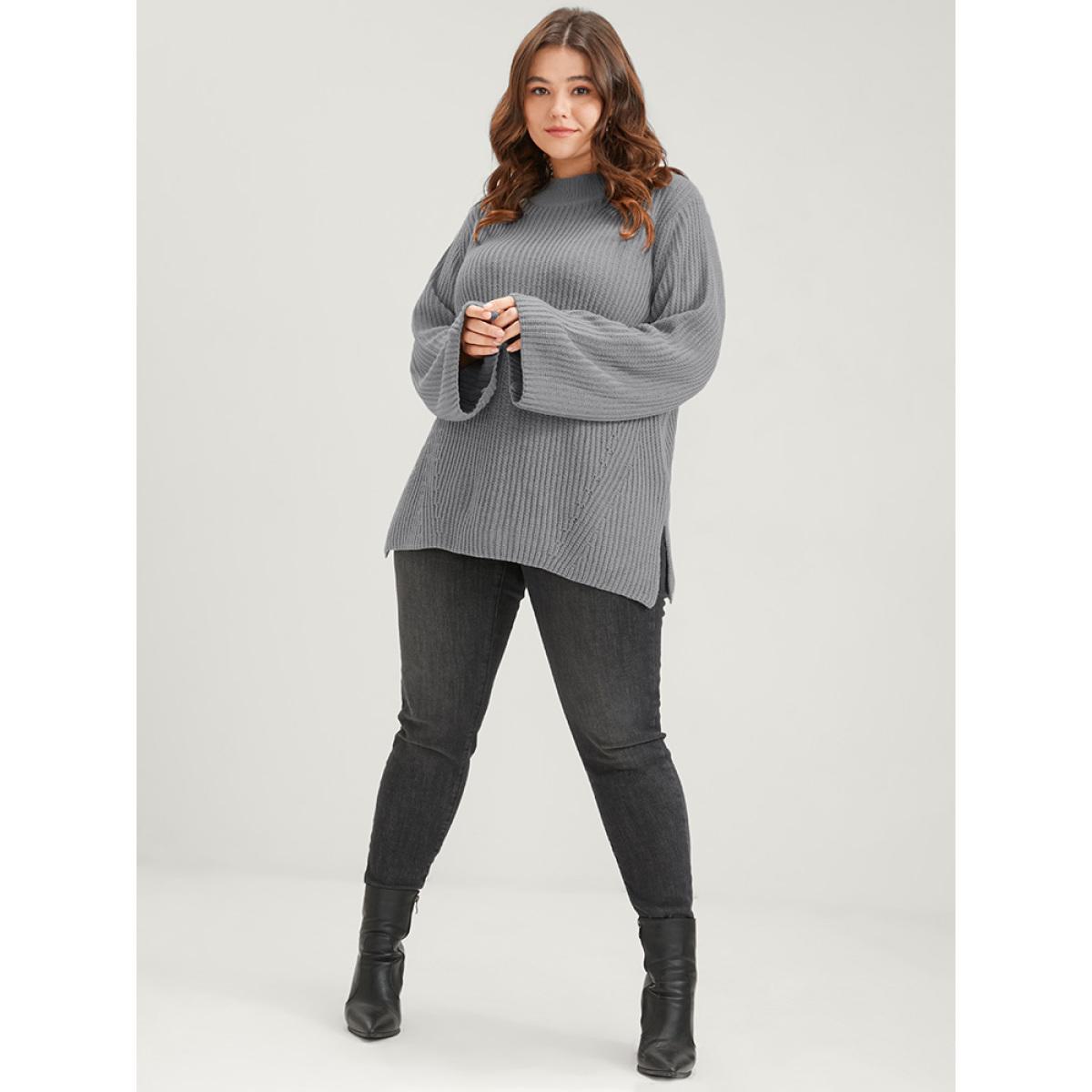 Plus Size Solid Pointelle Knit Mock Neck Bell Sleeve Split Knit Top Gray Women Casual Loose Long Sleeve Mock Neck Dailywear Pullovers BloomChic 12/L Product Image