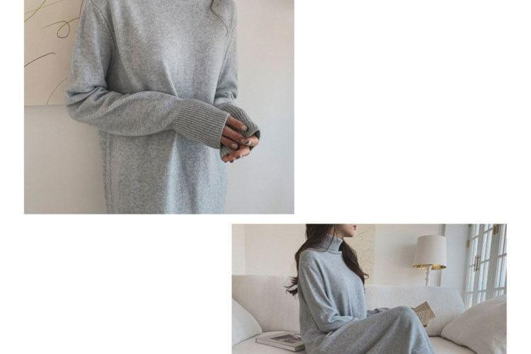 Long Sleeve Turtleneck Plain Midi Sweater Dress Product Image