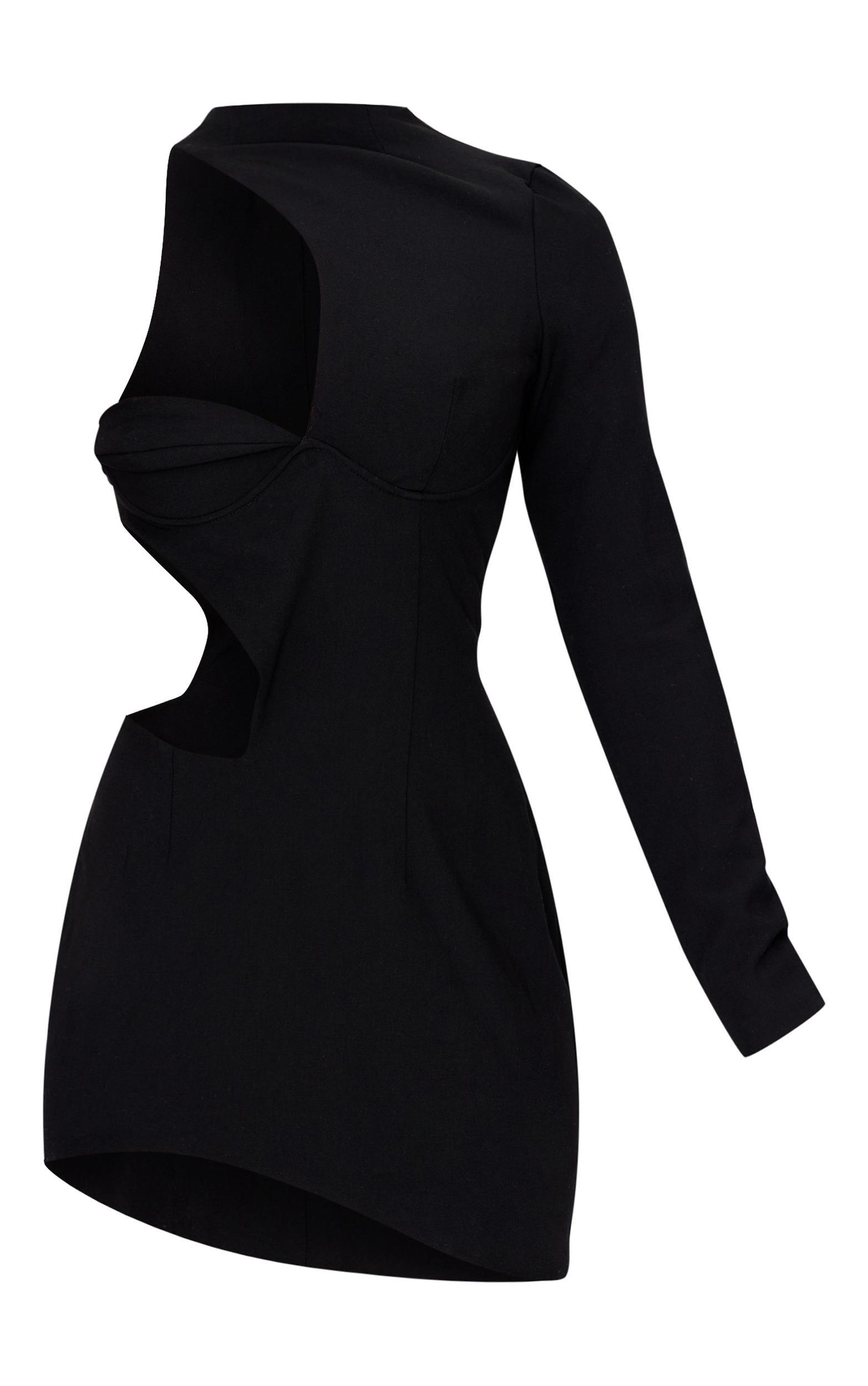 Black Woven Extreme Cut Out One Shoulder Mini Dress Product Image