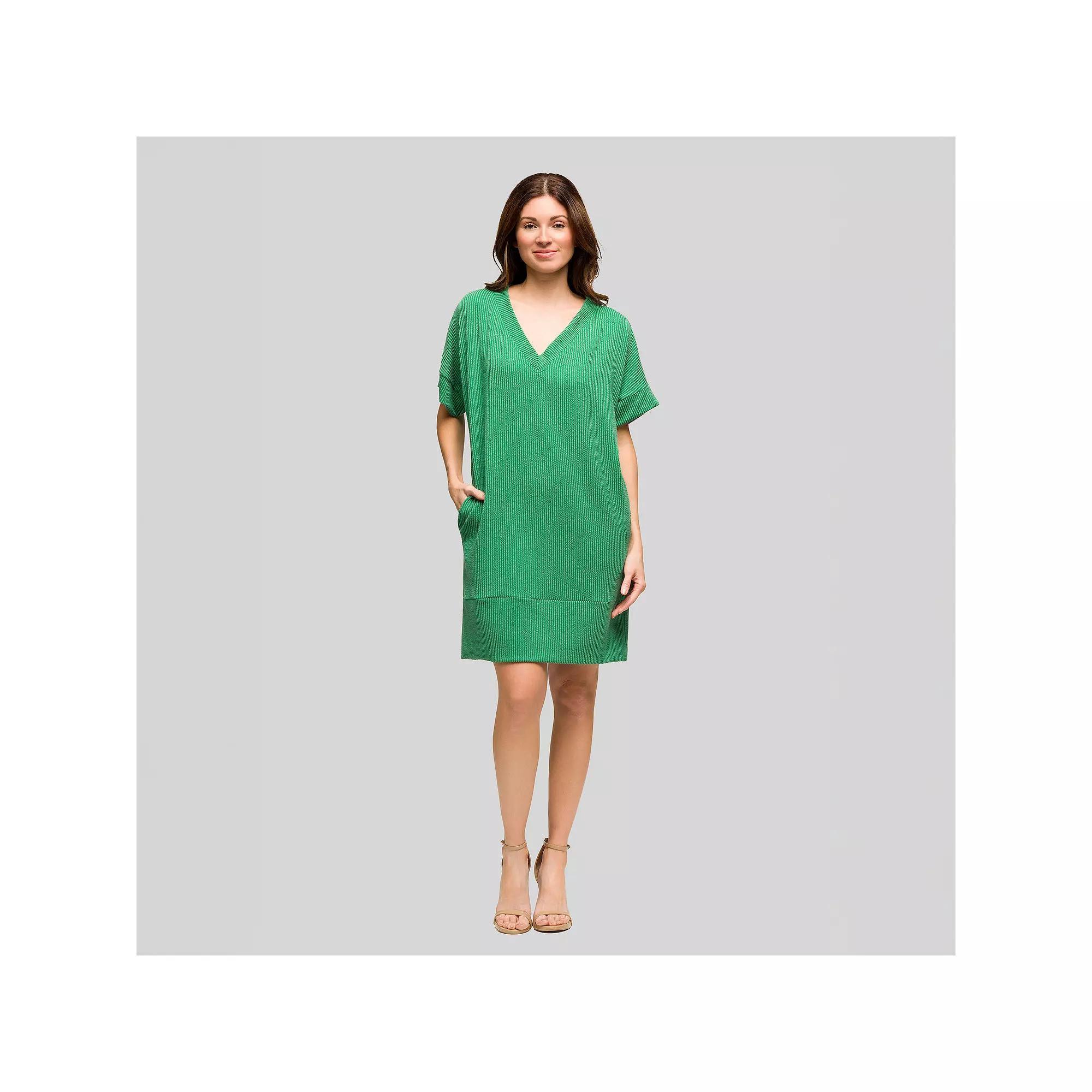 Women's 24Seven Comfort Apparel Loose Fit V-Neck Short Sleeve Pocket T-Shirt Dress, Size: Small, Green Product Image