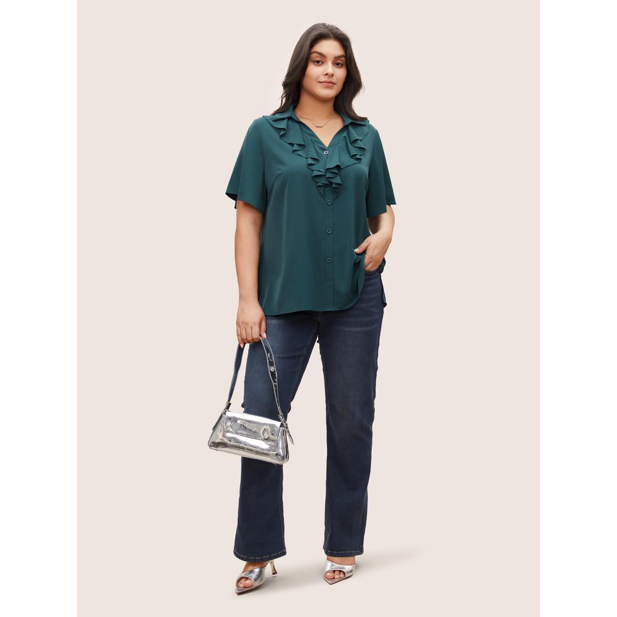 Plus Size Cyan Solid Button Detail Ruffle Trim Blouse Women At the Office Short sleeve Shirt collar Work Blouses BloomChic 22-24/3X Product Image