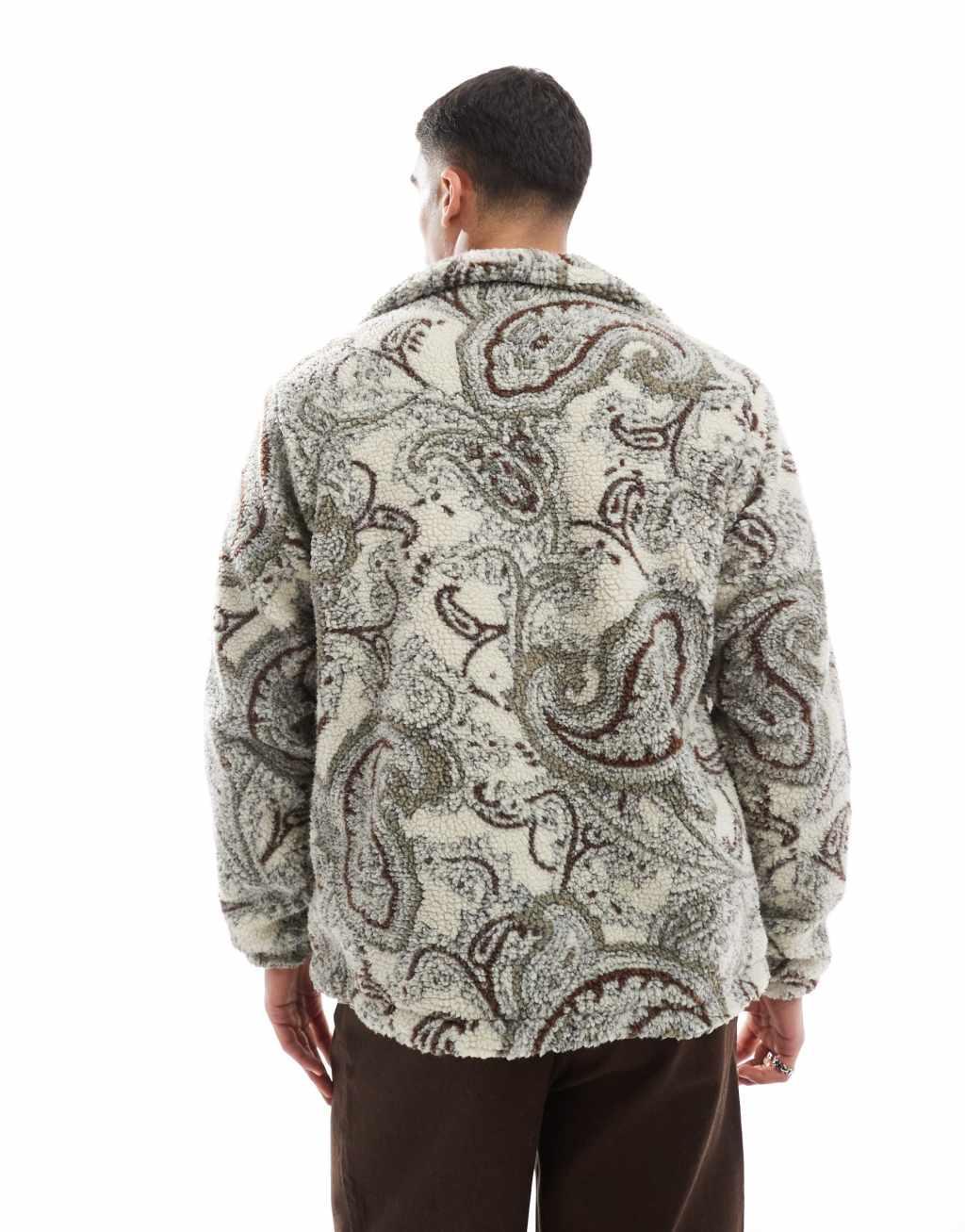 Jack & Jones zip through borg fleece in gray paisley Product Image
